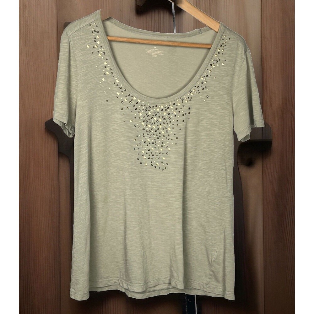 Banana Republic T Shirt Top Scoop Neck Metal Embellished 100% Pima Cotton Medium